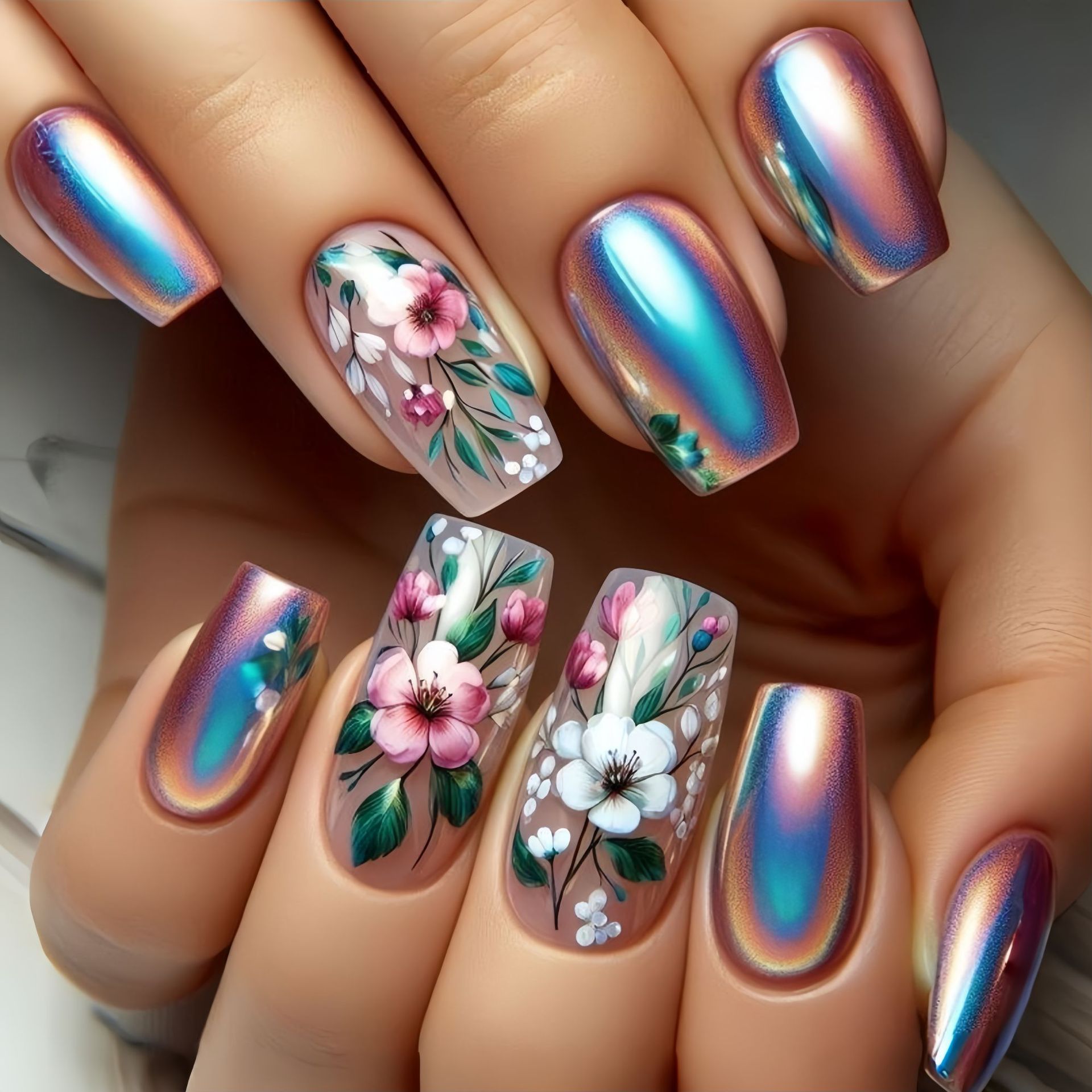 Medium long fake nails for wom - Pressed Flower Art recension och pris