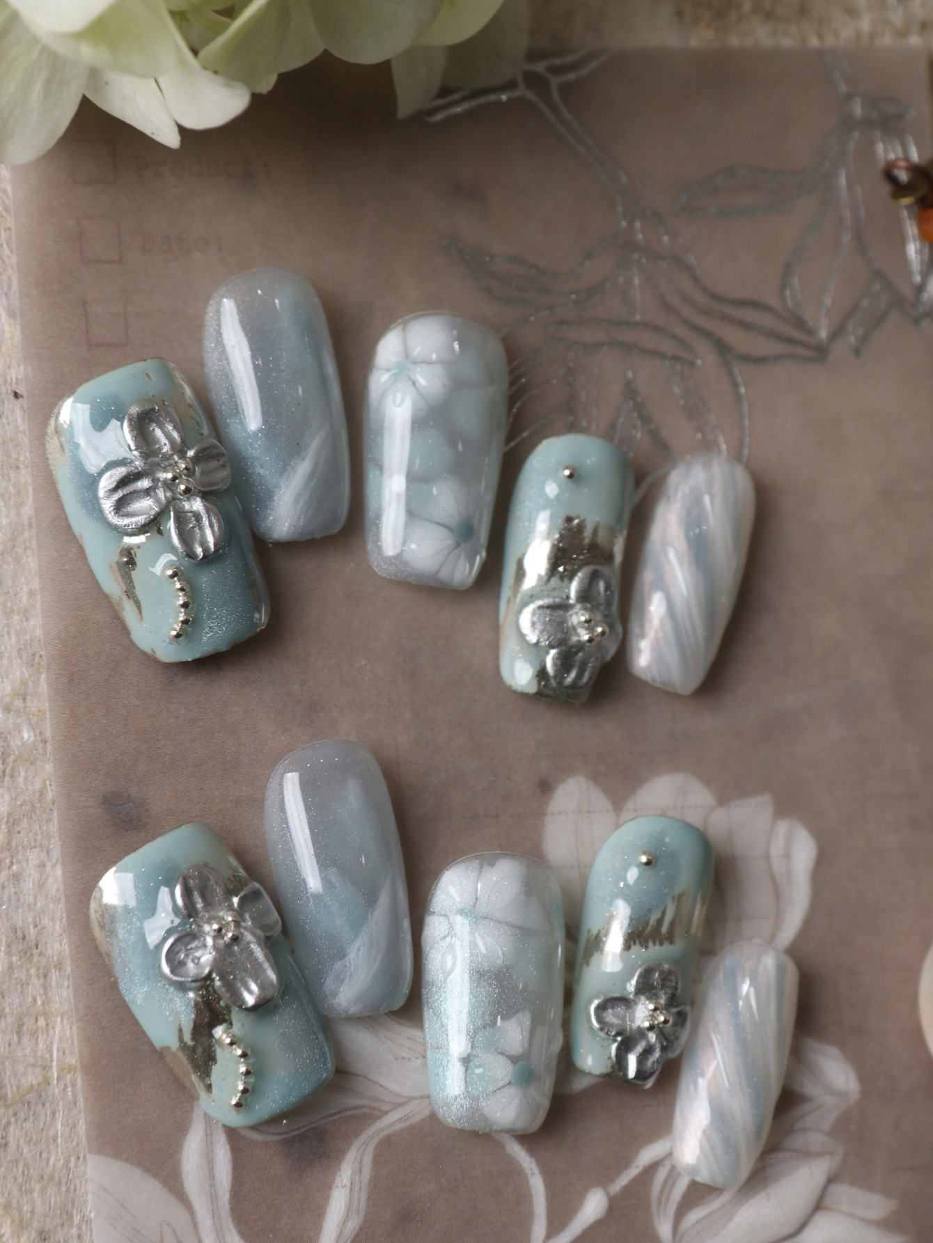10Pcs Press on Nails Blue Whit - Pressed Flower Art recension och pris